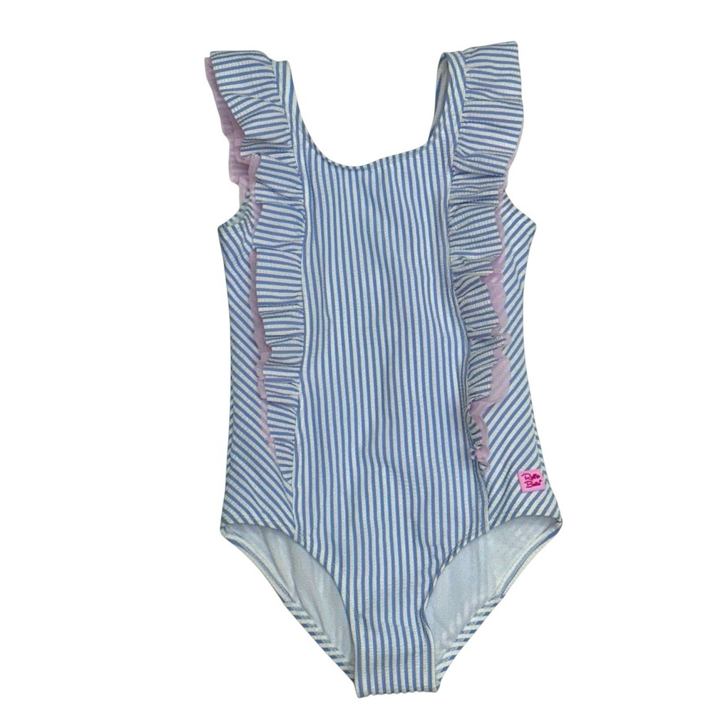 Kids Blue Stripe Ruffle Rashguard Swimsuit
